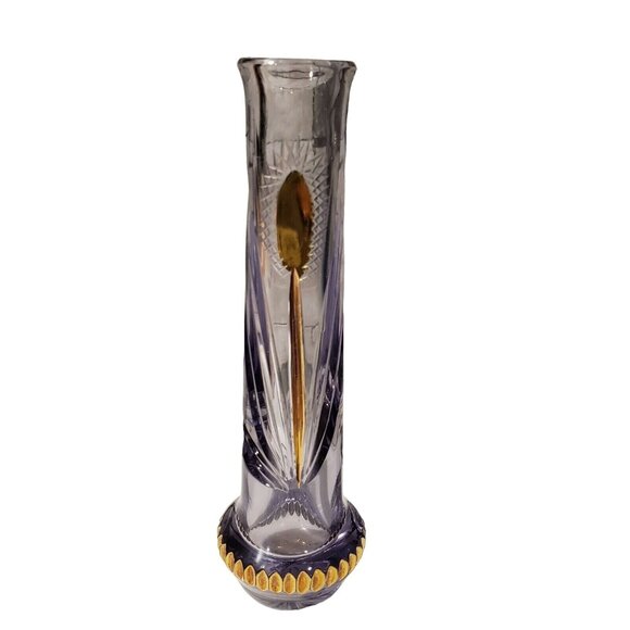 Bohemian Crystal Cut to Clear Amethyst Bud Vase Purple Gold Overlay